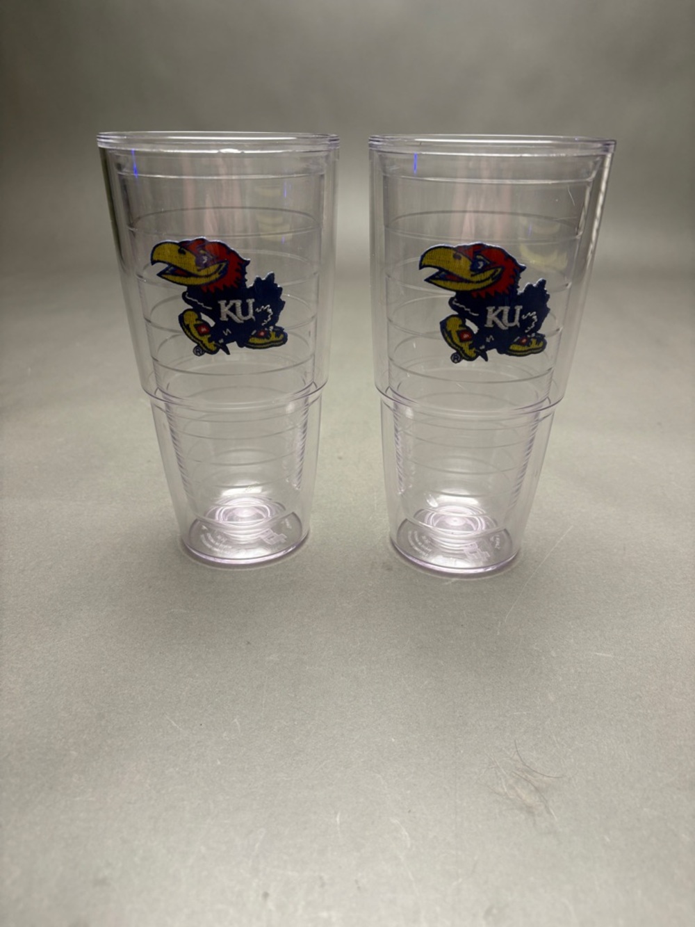 Pair of Tervis Clear Tumblers with Kansas University KU Jayhawks Themed